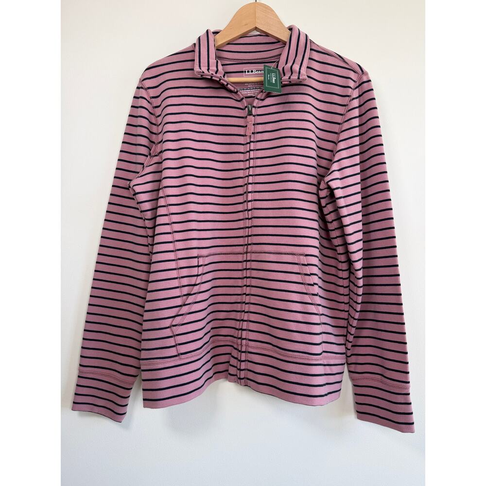 NWT LL Bean Striped Cotton Zip Front Sweatshirt Jacket Pink Navy Sz Large Soft